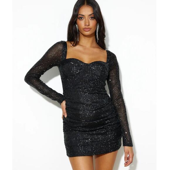 Hello Molly Dresses & Skirts - Hello Molly Black Sequin Posted Long Sleeve Ruched Party Cocktail Dress 6 Medium